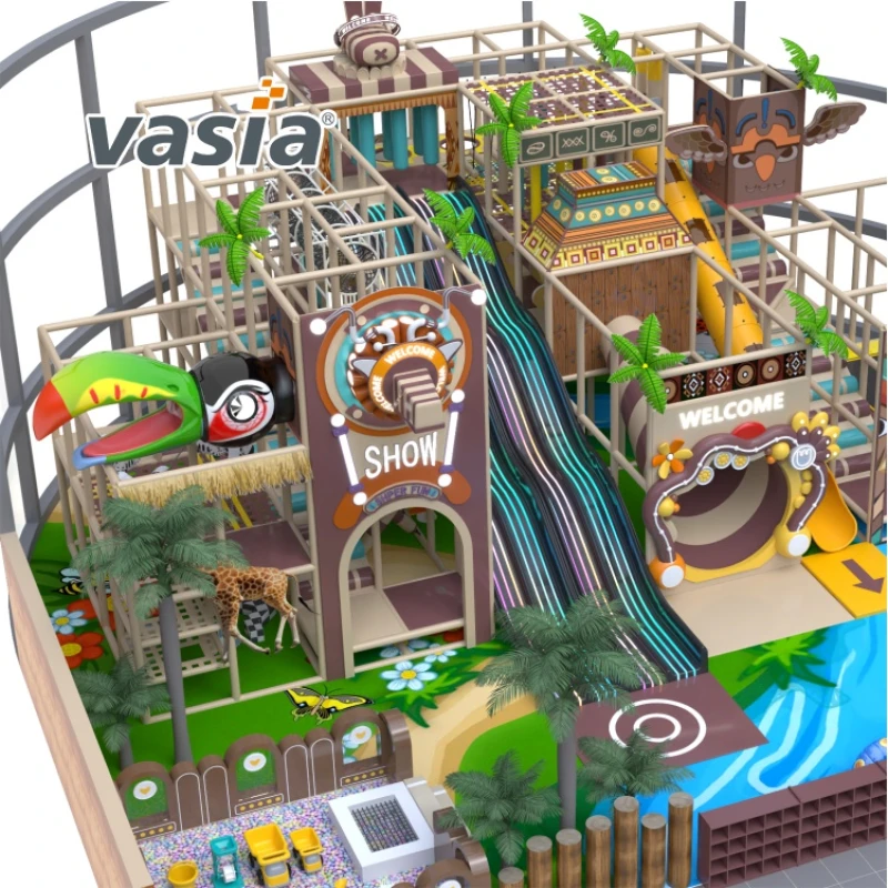 African jungle themed mall indoor playground, multi‑level kids play structure Vasia Play